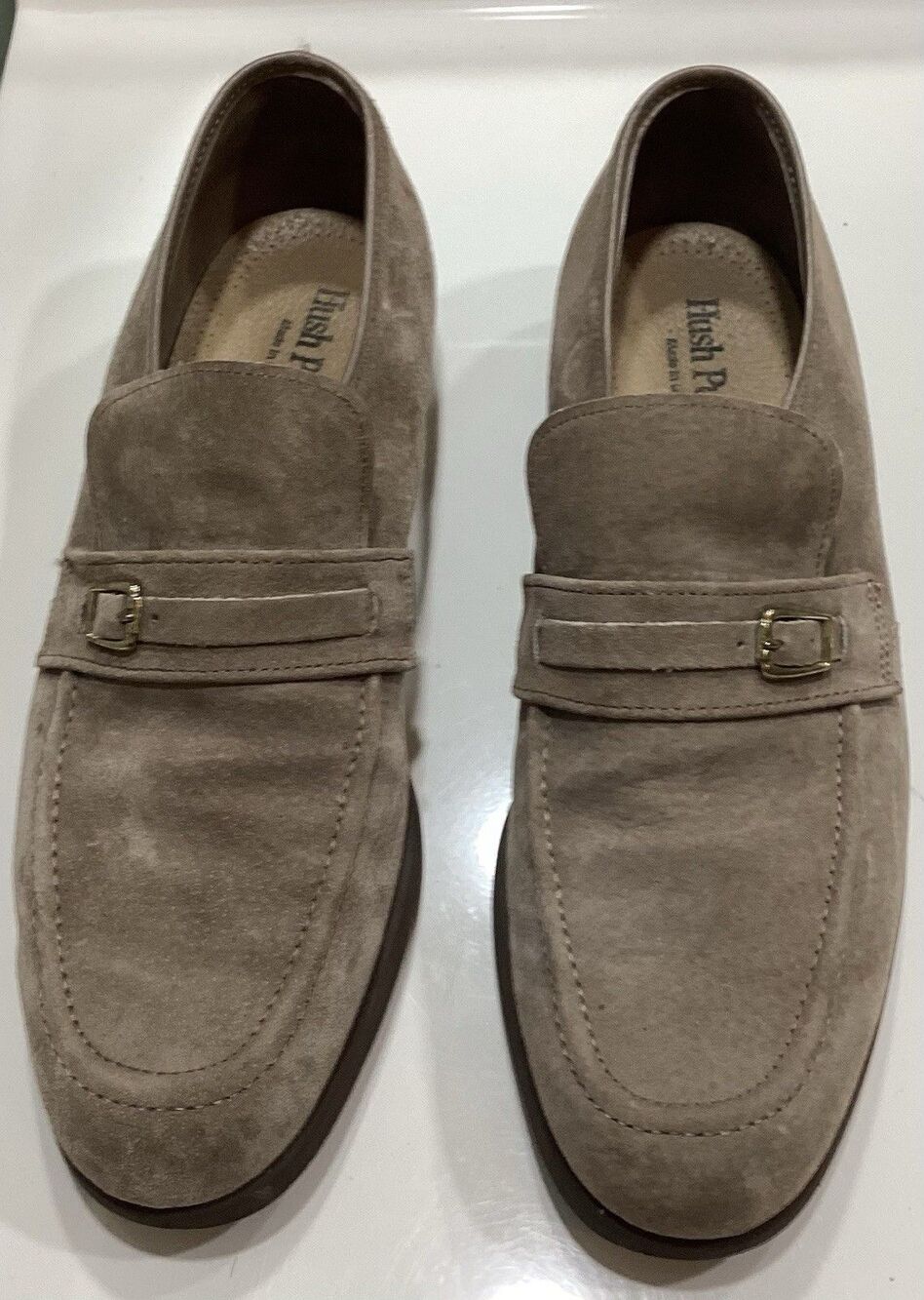 Vintage 70s Hush Puppies Men’s Suede Loafers Made in USA Taupe Buckle SlipOn 9.5